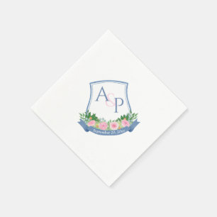 Monogram Navy Blue Pink Roses Wedding Crest Napkin