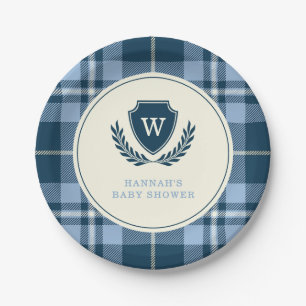 Monogram Navy Blue Plaid Baby Boy Shower  Paper Plate
