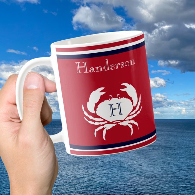Monogram Navy Blue Red  White Crab Nautical Coffee Coffee Mug (Creator Uploaded)