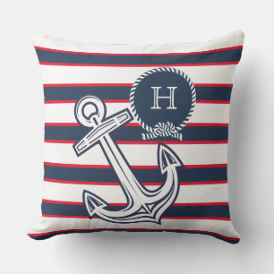 Monogram  Navy Blue Red White Nautical Stripes Cushion