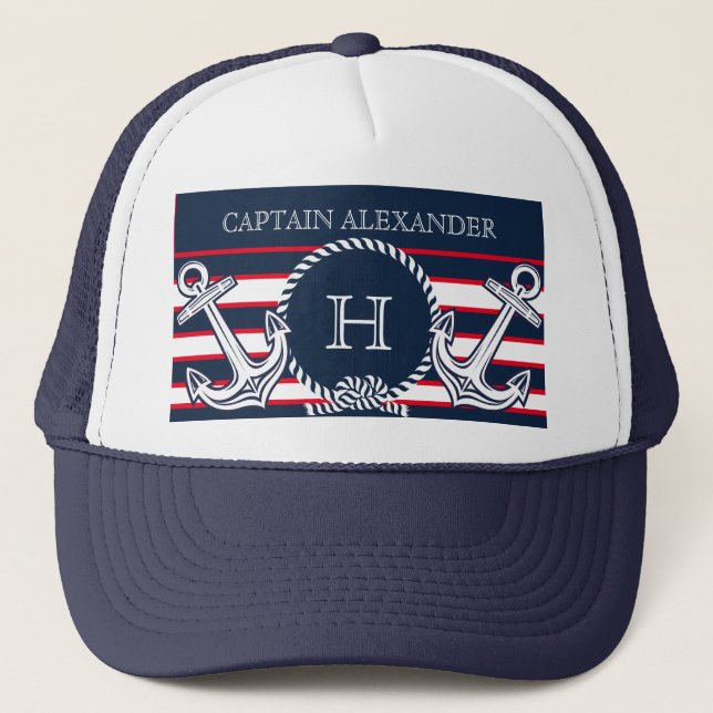 Monogram Navy Blue Red White Nautical Stripes Trucker Hat (Front)
