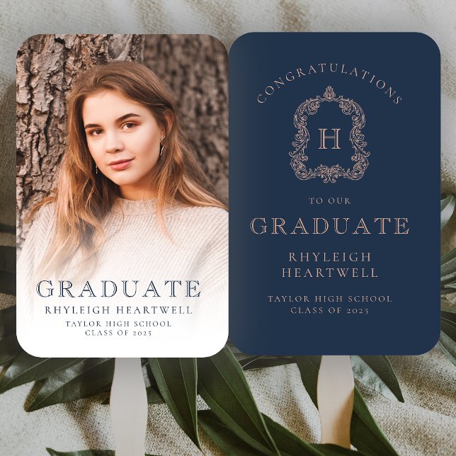 Monogram Navy Blue Rose Photo Graduation Hand Fan (Creator Uploaded)