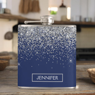 Monogram Navy Blue Silver Glam Glitter Hip Flask