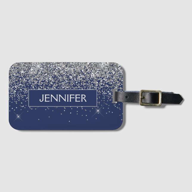 Monogram Navy Blue Silver Glam Glitter Luggage Tag (Front Horizontal)