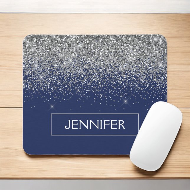 Monogram Navy Blue Silver Glam Glitter Mouse Mat (Creator Uploaded)