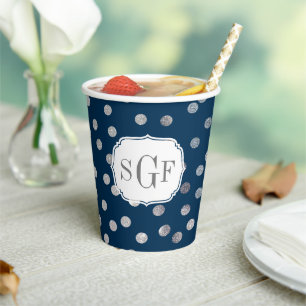 Monogram Navy Blue Silver Glitter Dot Pattern Paper Cups