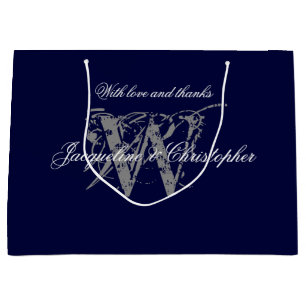 Monogram Navy Blue Silver White Elegant Wedding  Large Gift Bag