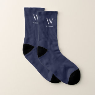 Monogram Navy Blue Simple White Name  Initial Socks