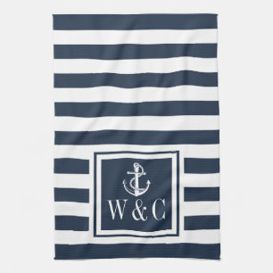 Monogram Navy Blue Stripe Nautical Anchor Tea Towel