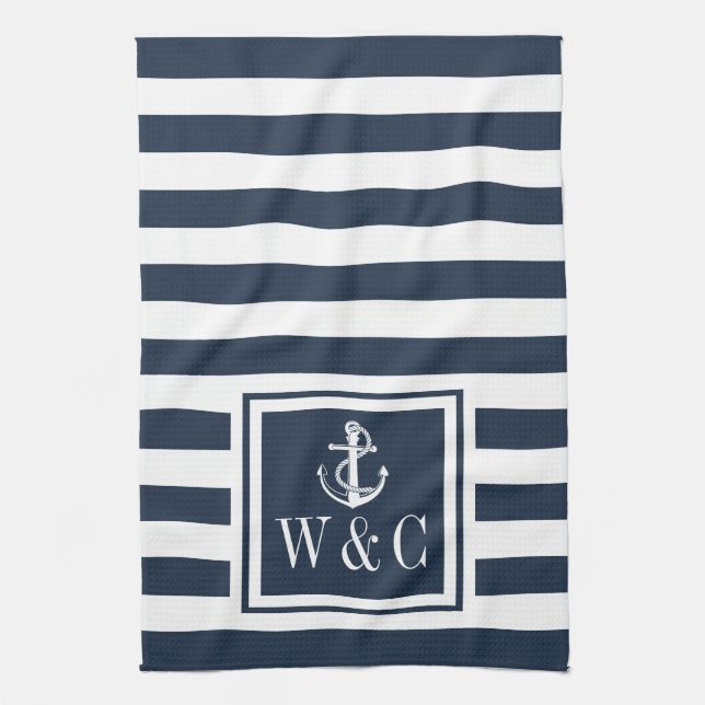 Monogram Navy Blue Stripe Nautical Anchor Tea Towel (Vertical)
