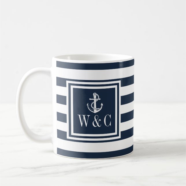 Monogram Navy Blue Stripe Nautical Boat Anchor Coffee Mug (Left)