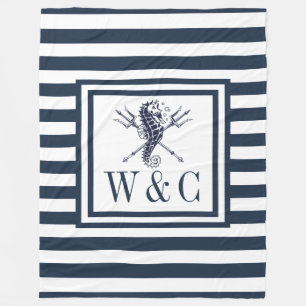 Monogram Navy Blue Stripe Nautical Seahorse Fleece Blanket