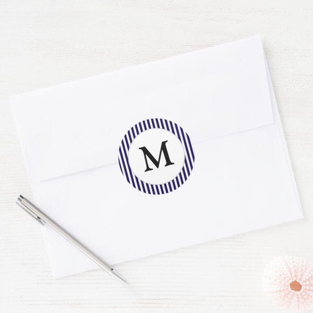 Monogram Navy Blue Stripe Preppy Classic Round Sticker (Envelope)