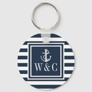 Monogram Navy Blue Striped Nautical Boat Anchor Key Ring