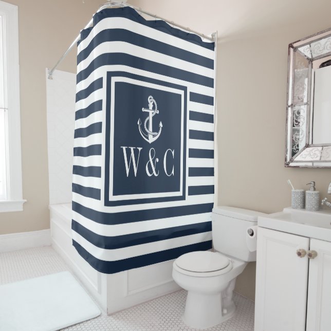 Monogram Navy Blue Striped Nautical Boat Anchor Shower Curtain (In Situ)