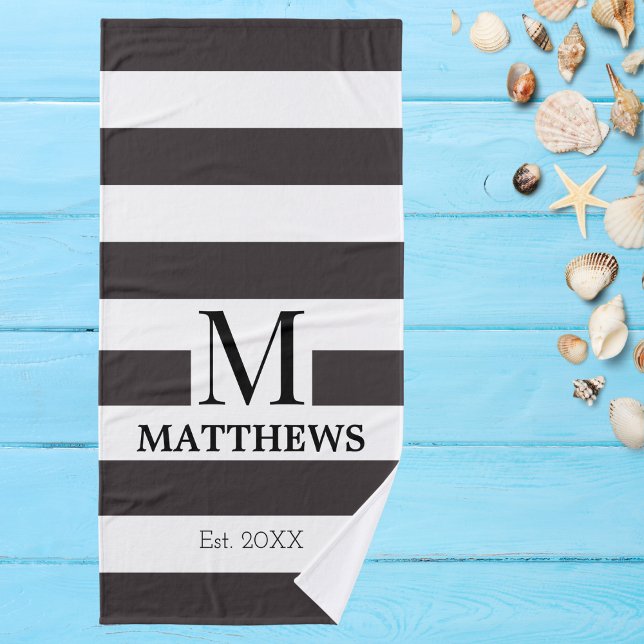 Monogram Navy Blue Stripes Family Beach House Bath Towel Set (Creator Uploaded)