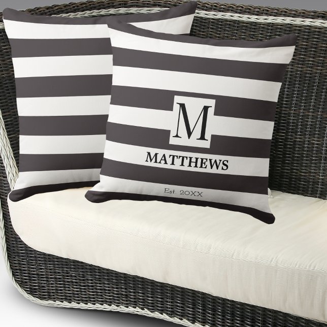 Monogram Navy Blue Stripes Family Name Beach House Cushion (Creator Uploaded)