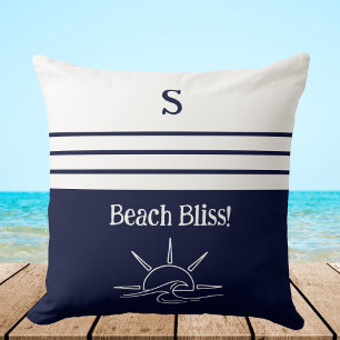 Monogram Navy Blue Stripes Nautical Beach House Cushion