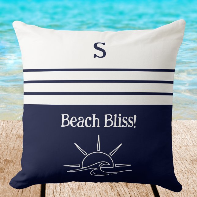 Monogram Navy Blue Stripes Nautical Beach House Cushion (Creator Uploaded)