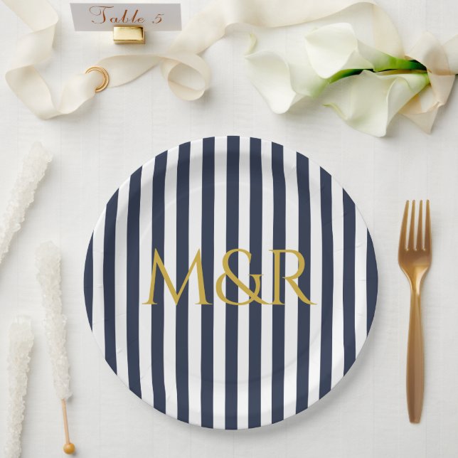 Monogram Navy Blue Stripes Striped Anniversary Paper Plate (Wedding)