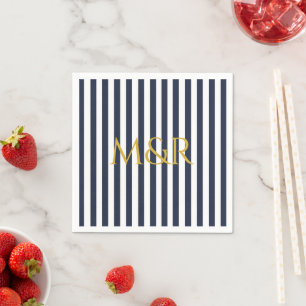 Monogram Navy Blue Stripes Striped Wedding Napkin