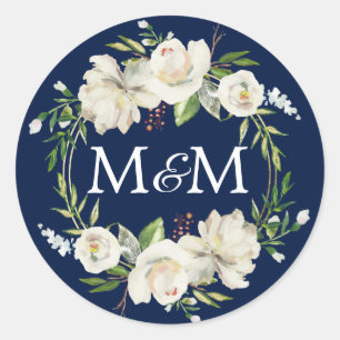 Monogram Navy Blue Watercolor White Floral Wedding Classic Round Sticker
