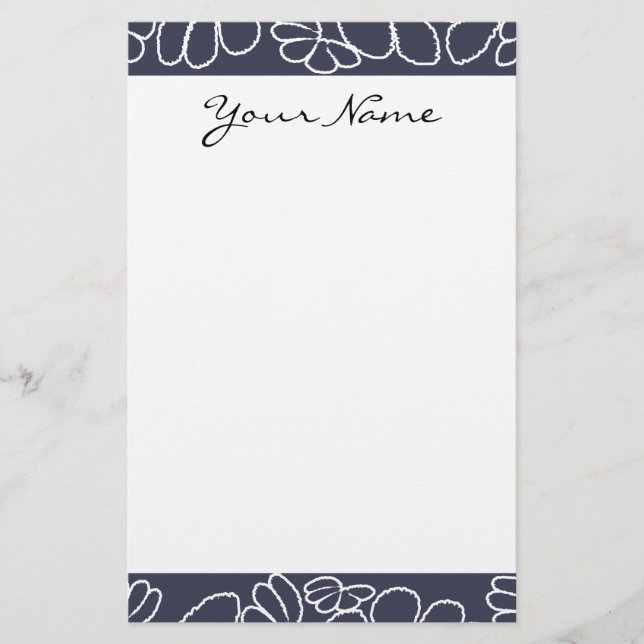 Monogram Navy Blue Whimsical Ikat Floral Pattern Stationery (Front)