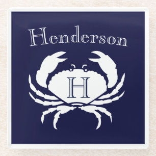 Monogram Navy Blue White Crab Nautical Glass Coa Glass Coaster