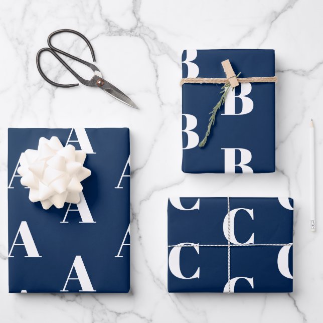 Monogram navy blue white custom initial pattern wrapping paper sheet (Front)