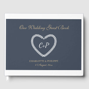 Monogram Navy Blue White Gold Heart Shaped Wedding Guest Book