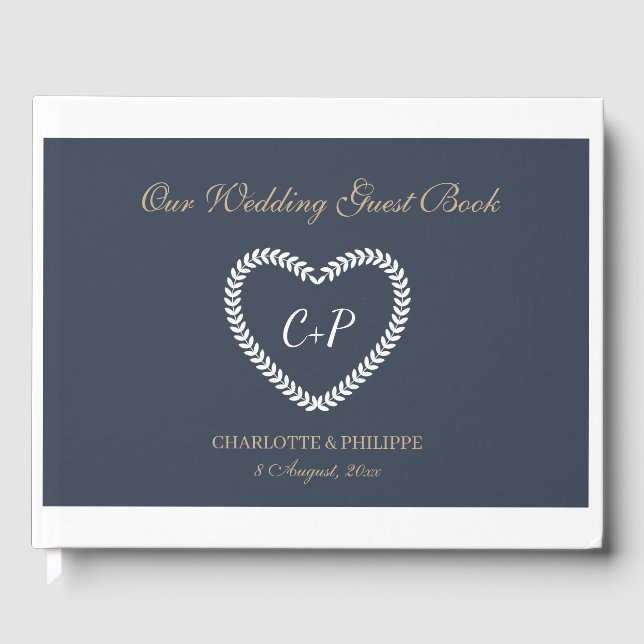 Monogram Navy Blue White Gold Heart Shaped Wedding Guest Book (Front)