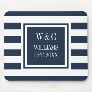 Monogram Navy Blue White Stripe Personalised Mouse Mat