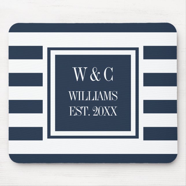 Monogram Navy Blue White Stripe Personalised Mouse Mat (Front)