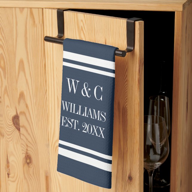 Monogram Navy Blue White Stripe Personalised Tea Towel (Thirds Fold)
