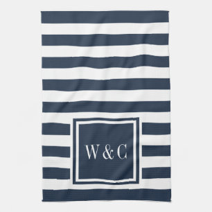 Monogram Navy Blue White Stripe Personalised Tea Towel