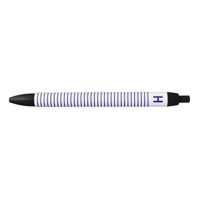 Monogram Navy Blue White Stripes Writing Black Ink Pen (Front)