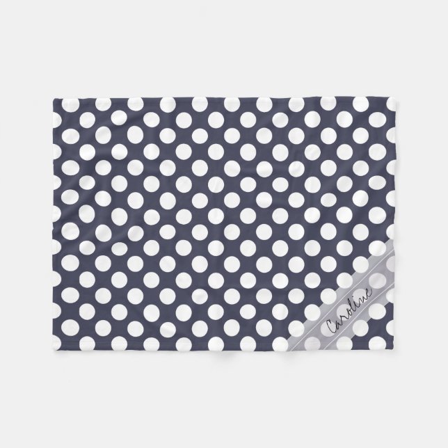 Monogram Navy Blue White Trendy Polka Dot Pattern Fleece Blanket (Front (Horizontal))
