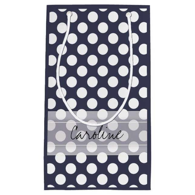 Monogram Navy Blue White Trendy Polka Dot Pattern Small Gift Bag (Front)