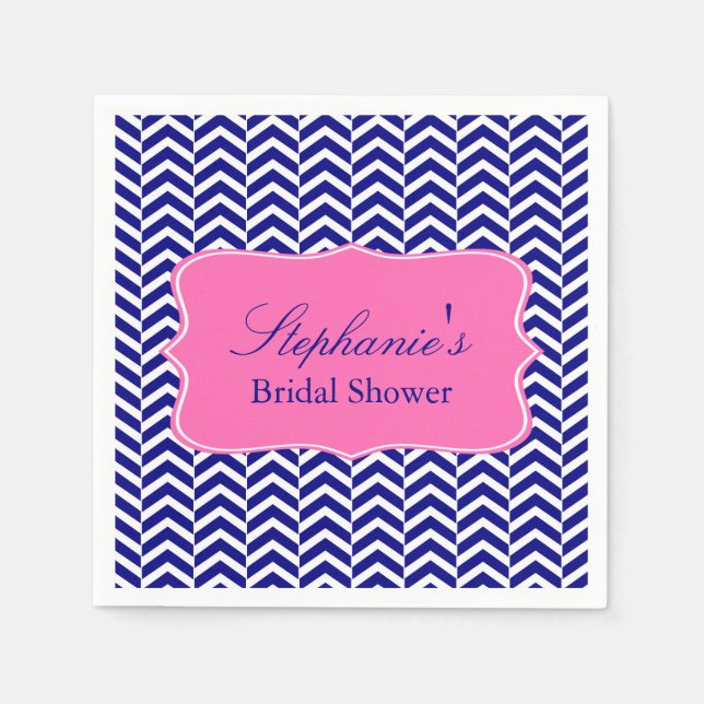 Monogram Navy Blue with Hot Pink Chevron Bridal Napkin (Front)