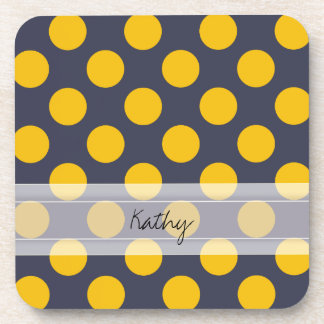 Monogram Navy Blue Yellow Chic Polka Dot Pattern Coaster