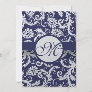 Monogram Navy Damask Swirls Wedding Invitation