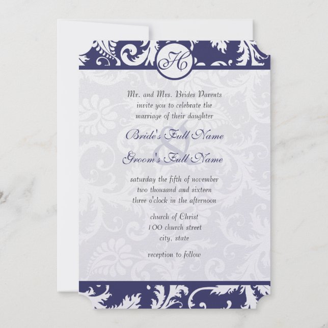 Monogram Navy Damask Swirls Wedding Invitation (Back)