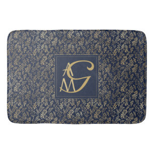Monogram Navy Gold Leaf Newlyweds Home Decor Gift Bath Mat
