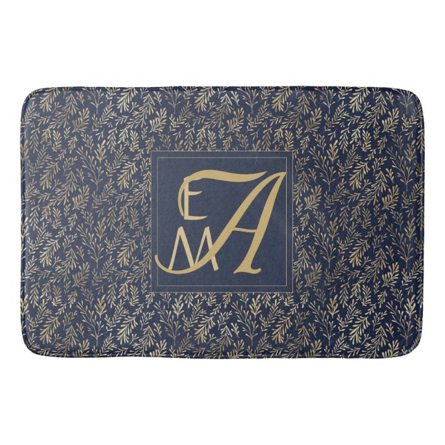 Monogram Navy Gold Leaf Newlyweds Home Decor Gift Bath Mat (Front)