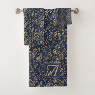 Monogram Navy Gold Leaf Newlyweds Home Decor Gift Bath Towel Set