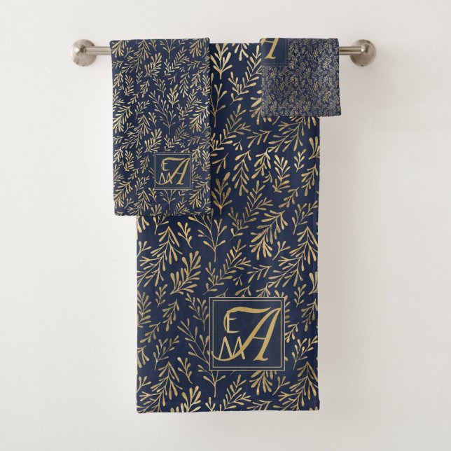 Monogram Navy Gold Leaf Newlyweds Home Decor Gift Bath Towel Set (Insitu)