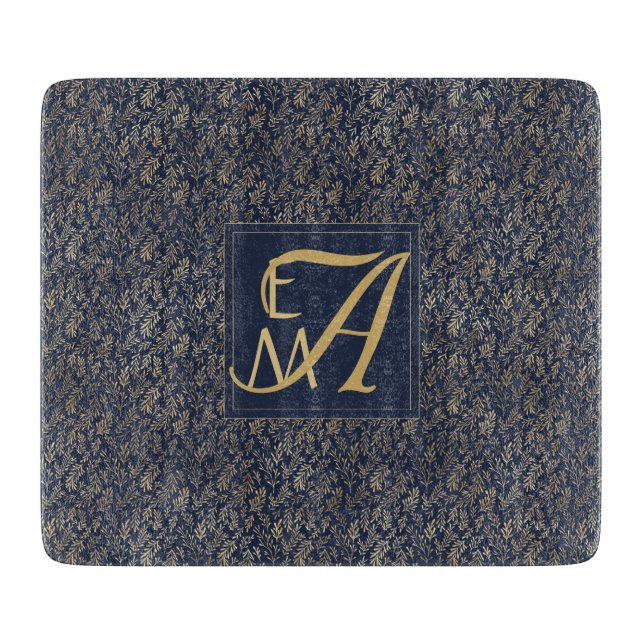Monogram Navy Gold Leaf Newlyweds Home Decor Gift Cutting Board (Front)