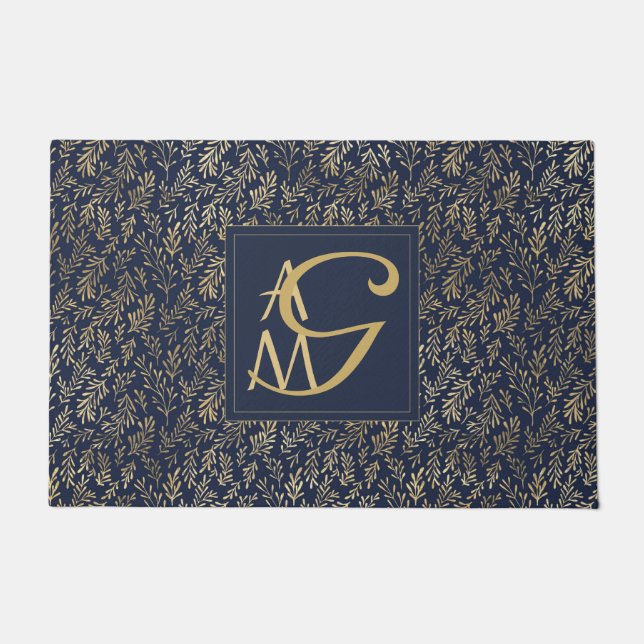 Monogram Navy Gold Leaf Newlyweds Home Decor Gift Doormat (Front)
