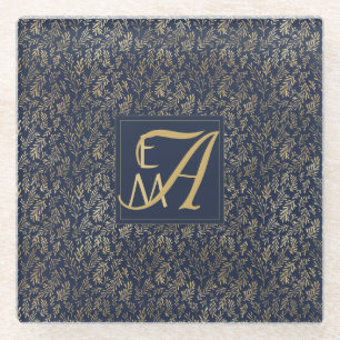 Monogram Navy Gold Leaf Newlyweds Home Decor Gift Glass Coaster
