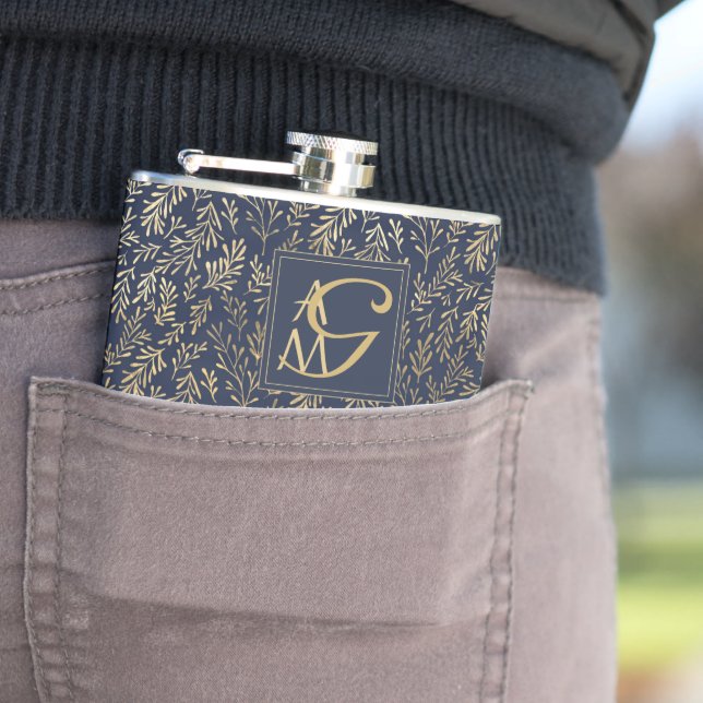 Monogram Navy Gold Leaf Newlyweds Home Decor Gift Hip Flask (In Situ)
